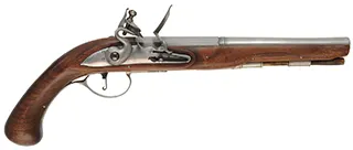 English Flint Pistol,
.50 caliber rifled, 10" octagon-to-round barrel,
small Queen Anne flint lock, re-enforced walnut, nickel silver,
used, by noted pistol maker Kenneth Lincavage